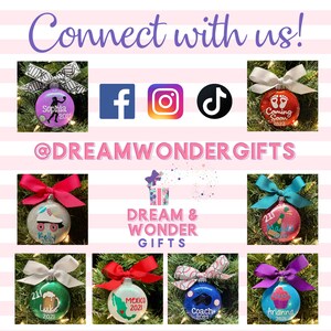 May include: A collection of personalized Christmas ornaments with various designs, including a volleyball player, a roller skater, a beer mug, a cupcake, a graduation cap, a baby footprint, and a Mexico flag. The ornaments are decorated with glitter and have names and dates written on them. The image also includes social media icons for Facebook, Instagram, and TikTok, and the text "@DREAMWONDERGIFTS" and "DREAM & WONDER GIFTS".