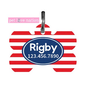 Personalized Pet Tag, Dog Tag, ID Tag, White, Red and Blue Stripe Pet Tag With Name And Phone Number