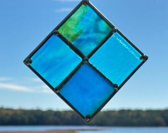 Stained Glass Suncatcher – Blue and Green Diamond 5" x 5" Window Hanging