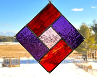 Crimson Twilight – 7.5" x 7.5" Red, Violet, and Rose Stained Glass Diamond Suncatcher
