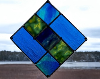 Deep Current – Blue and Green 7.5" × 7.5" Stained Glass Diamond Panel