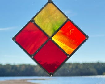 Sunfire Harmony – 5 x 5 Stained Glass Suncatcher, Red and Gold Window Hanging