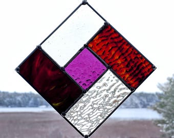 Radiant Ember – Red, Magenta, and Clear 7.5" × 7.5" Stained Glass Diamond Suncatcher