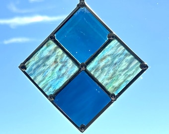 Stained Glass Suncatcher – 5" x 5" Deep Blue and Aqua Diamond Window Art