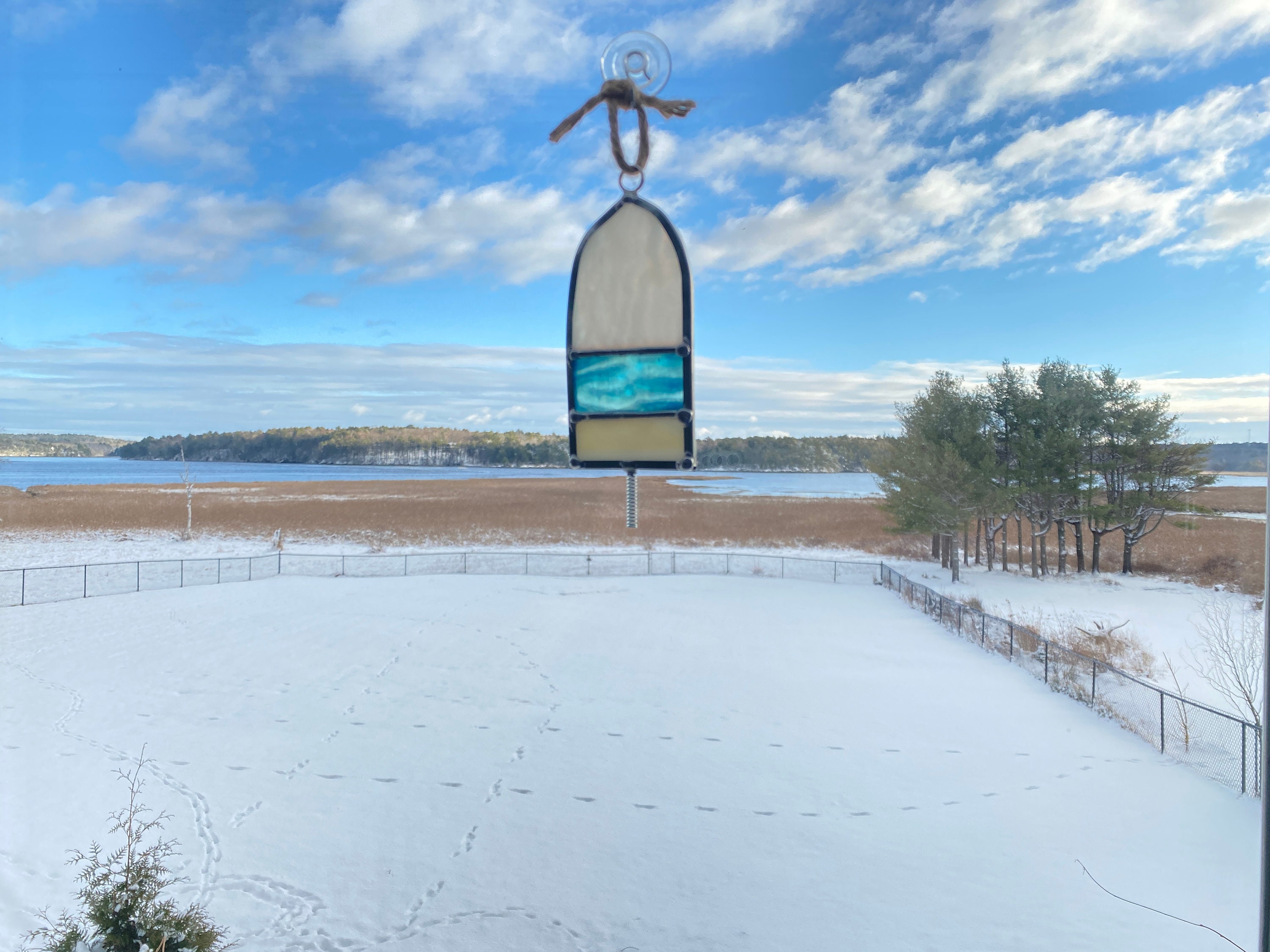 White Orange Textured Stained Glass Suncatcher Maine Lobster Buoy Glass