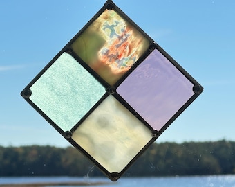 Stained Glass Suncatcher – Violet, Aqua and Pearl 5 x 5 Diamond Panel