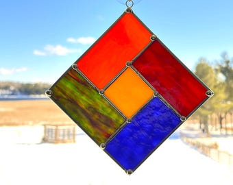 Radiant Horizon – 7.5"×7.5" Textured Stained Glass Suncatcher, Red Amber Blue Window Art