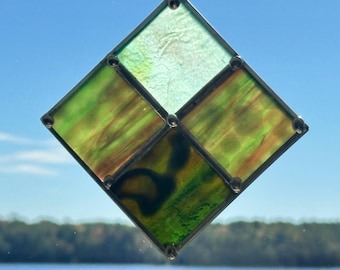 Stained Glass Suncatcher - Moss Green and Amber Diamond Panel 5" x 5"