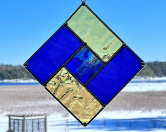 Golden Tide – 7.5" x 7.5" Blue and Yellow Stained Glass Suncatcher Window Panel