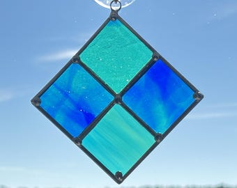 Emerald Amber Harmony – Stained Glass 5" x 5" Suncatcher Diamond Panel