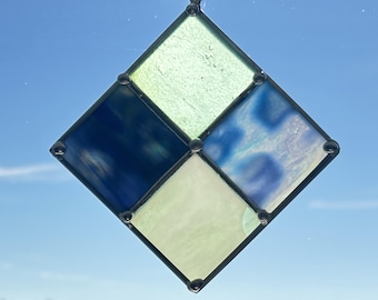 Stained Glass Suncatcher – Seafoam and Blue Diamond 5 x 5 Window Panel