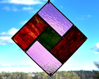 Violet Ember – 7.5" × 7.5" Purple, Red, and Green Stained Glass Diamond Suncatcher