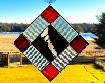 Red & Purple Stained Glass Suncatcher: Geometric Window Hanging