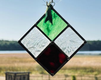 Stained Glass Suncatcher: Red & Green Textured Christmas Window Hanging