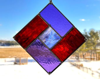 Stained Glass Suncatcher: Red, Orange, Purple Textured Window Hanging