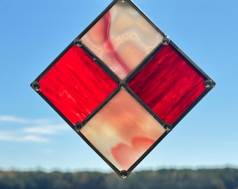 Crimson Veil – 5 x 5 Stained Glass Suncatcher, Red and Blush Window Panel