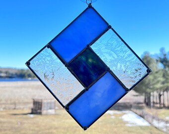Ocean Still – 7.5" × 7.5" Blue and Clear Stained Glass Diamond Panel