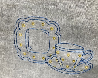 Linen Tea Towel with Embroidered Cup, Saucer and Plate