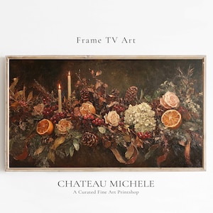 May include: A framed still life painting depicting a collection of flowers, fruits, and candles. The flowers are predominantly white and pink, with red berries and green foliage. The fruits are oranges and lemons, and the candles are lit. The painting is set against a dark backdrop.