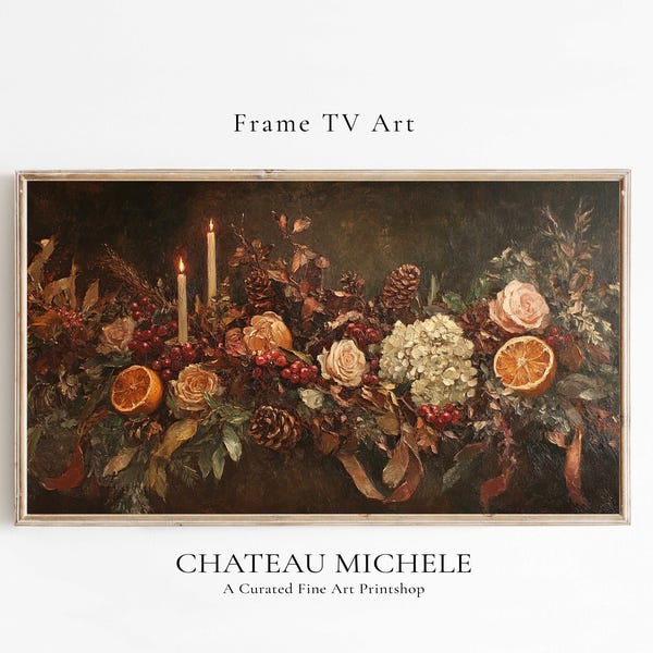 Vintage Winter Floral Christmas Frame TV Art, Holiday Botanical Flower Painting TV Digital Download, Dark Academia Moody Christmas Decor