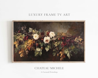Puede incluir: Una impresión artística digital enmarcada que presenta una naturaleza muerta de rosas blancas, uvas rojas y hojas de otoño. La obra de arte tiene un fondo oscuro y se muestra el texto "LUXURY FRAME TV ART" y "CHATEAU MICHELE".