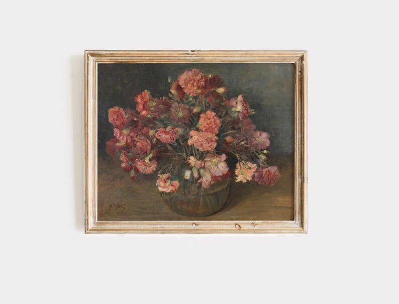 Pink Floral Still Life Vintage Rose Oil Painting Flower Art Moody Botanical Art Digital Download