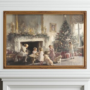 Vintage Christmas Print, Vintage Holiday Painting, Winter Printable Wall Art, French Farmhouse Rustic Printable, Pink Christmas Decor