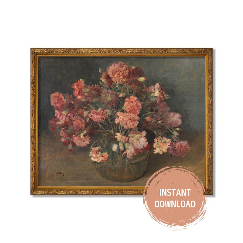 Vintage Floral Still Life Painting | Botanical Flower Art | Moody Floral Painting | Pink Roses Feminine Art | Digital Downloadable Print
