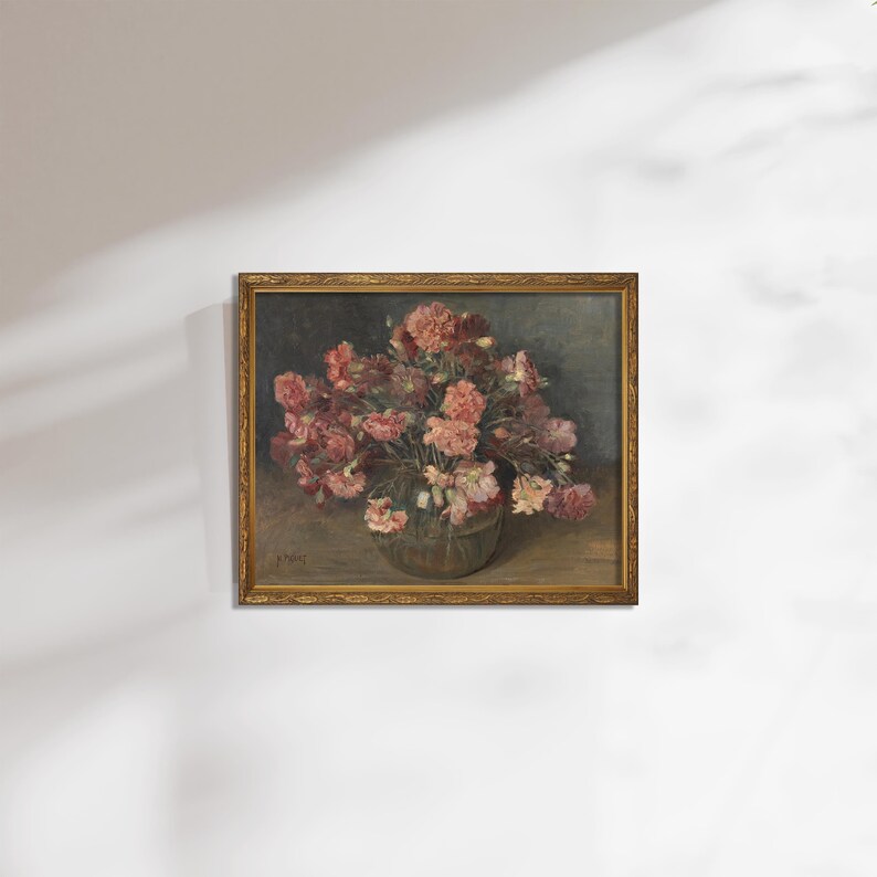 Pink Floral Still Life Vintage Rose Oil Painting Flower Art Moody Botanical Art Digital Download