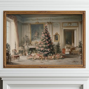 Vintage Christmas Tree Print, Vintage Holiday Painting, Winter Printable Wall Art, French Farmhouse Rustic Printable, Pink Christmas Decor