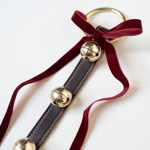 Brass Sleigh Bells on Leather Strap Door Hanger, Pet Bells, Reindeer Bells, Santa Bells, Rustic Farmhouse Christmas Decor, Winter Decor