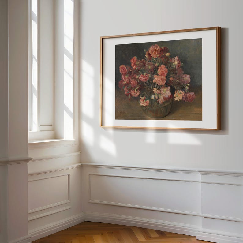 Pink Floral Still Life Vintage Rose Oil Painting Flower Art Moody Botanical Art Digital Download