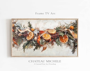 May include: A painting of a wintery wreath with oranges, berries, and greenery. The wreath is painted in a realistic style with a white background.
