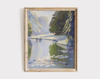 Vintage French Landscape Oil Painting Printable, Impressionist Monet Wall Art, Feminine Art, Digital Downloadable Print, Water Lily