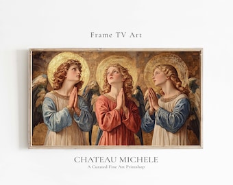 May include: A painting of three angels with golden halos, each with their hands clasped in prayer. The angels are wearing white robes with blue accents and are set against a gold background.