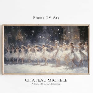 May include: A framed painting of a group of ballerinas in white tutus dancing in a snowy setting. The painting is titled "CHATEAU MICHELE, A Curated Fine Art Printshop".