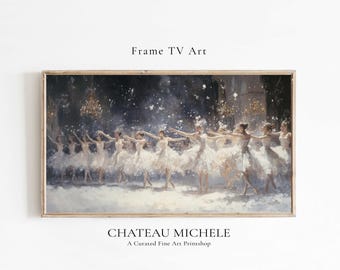 May include: A framed painting of a group of ballerinas in white tutus dancing in a snowy setting. The painting is titled "CHATEAU MICHELE, A Curated Fine Art Printshop".