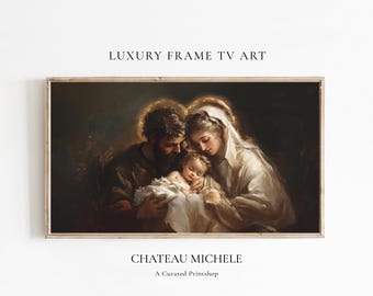 Pode incluir: Impressão de arte digital emoldurada com um retrato de família religioso. A obra de arte retrata um homem, uma mulher e uma criança, com auréolas sobre suas cabeças. O texto "LUXURY FRAME TV ART" e "CHATEAU MICHELE" são exibidos.