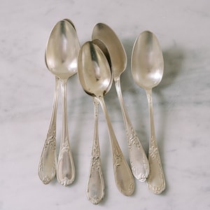 Vintage Collected Set of French Hotel Silver Spoons, Hotel Silver Plate, Rustic Farmhouse Decor, Vintage Floral Silverware, French Country