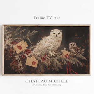 May include: A snowy owl with yellow eyes sits on a branch with a smaller brown owl. Both owls are surrounded by red berries and sealed envelopes with wax seals. The background is a dark forest.