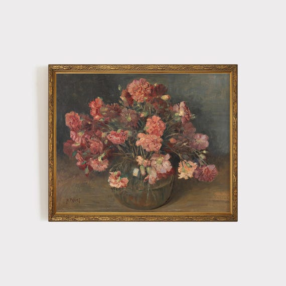 Vintage Floral Still Life Painting, Botanical Flower Art, Moody Floral Painting, Pink Roses Feminine Art, Digital Downloadable Print