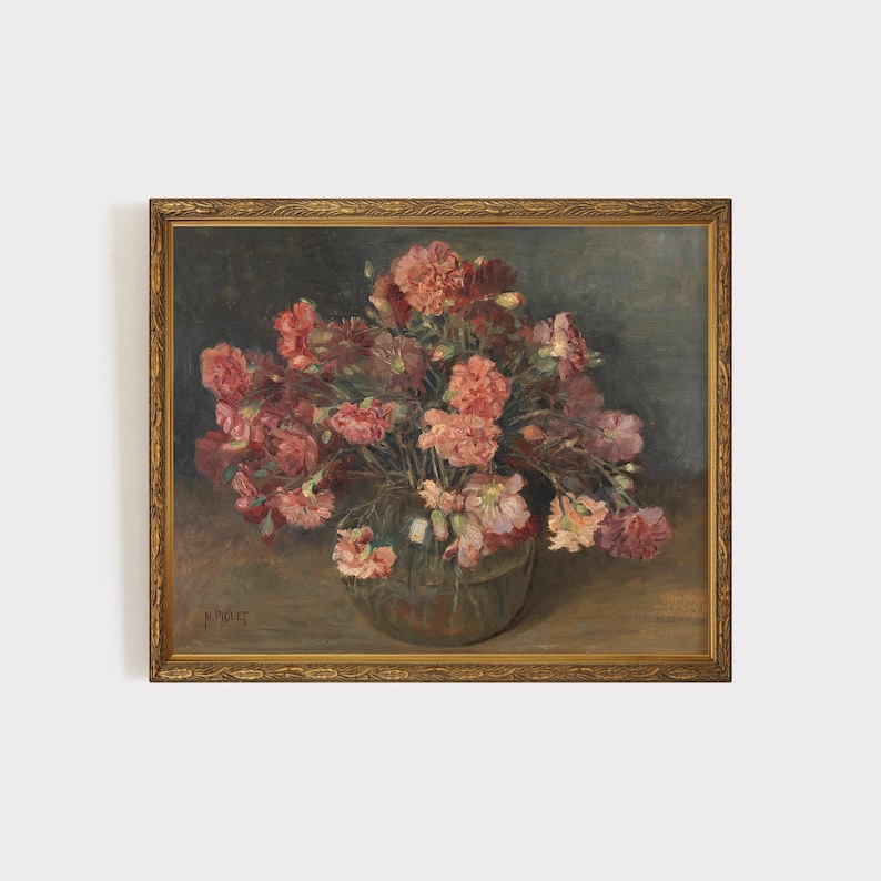 Vintage Floral Still Life Painting | Botanical Flower Art | Moody Floral Painting | Pink Roses Feminine Art | Digital Downloadable Print