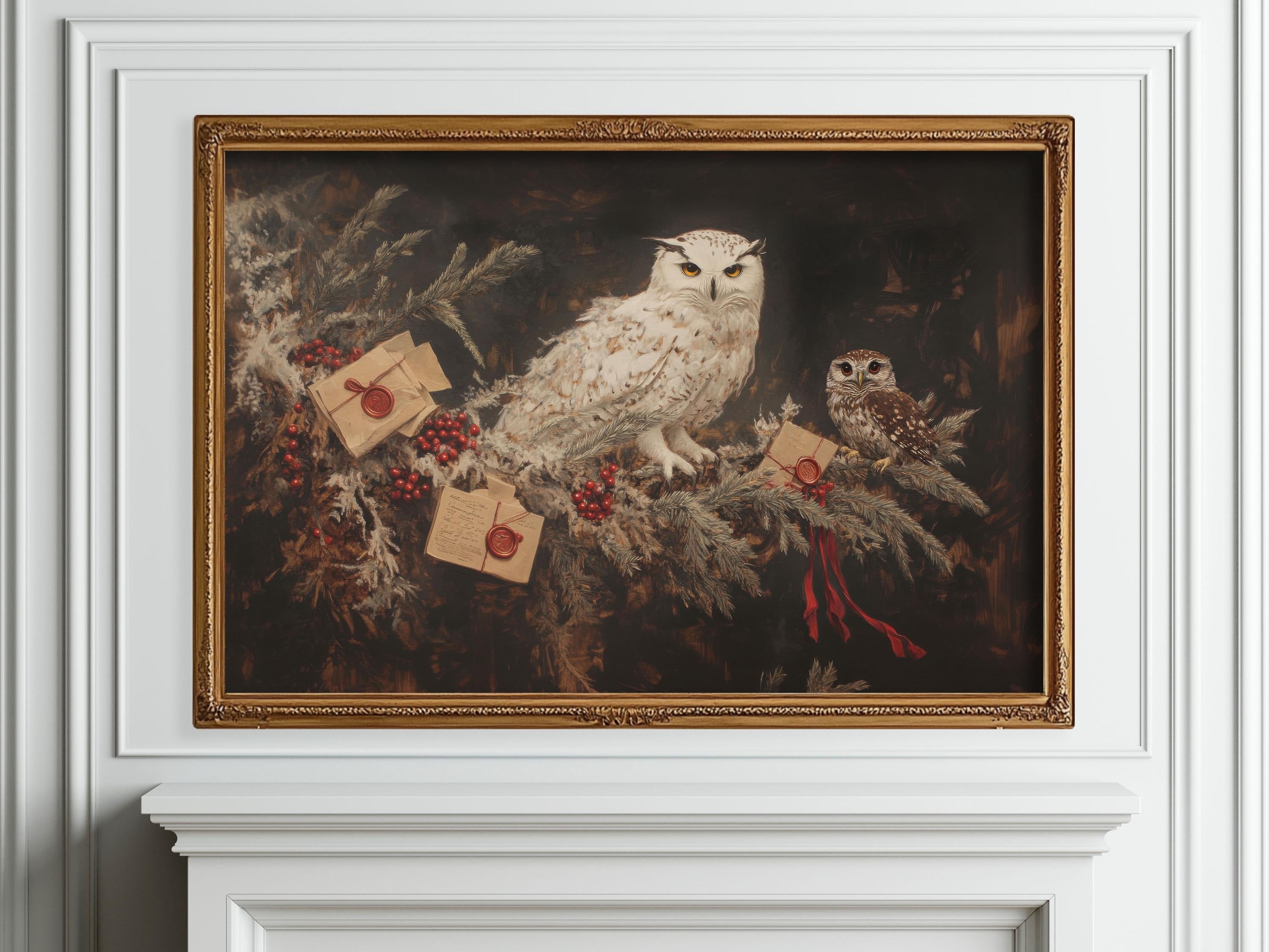 Snowy Owl Christmas Print, Holiday Wizarding School Painting Printable, Magic World Wall Art, Moody
