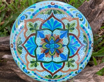Beach Mandala Stone: Hand-Painted Cement Paperweight, Meditation Gift