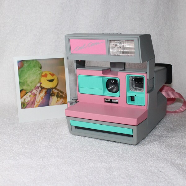 Pink CoolCam 600 Polaroid Camera Upcycled with Retro Green - Cleaned and Tested