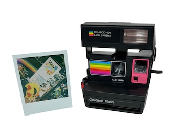Polaroid Sun OneStep Flash 600 with Upcycled Pink and rainbow face - Refreshed, Cleaned and Tested