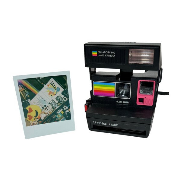 Polaroid Sun OneStep Flash 600 with Upcycled Pink and rainbow face - Refreshed, Cleaned and Tested