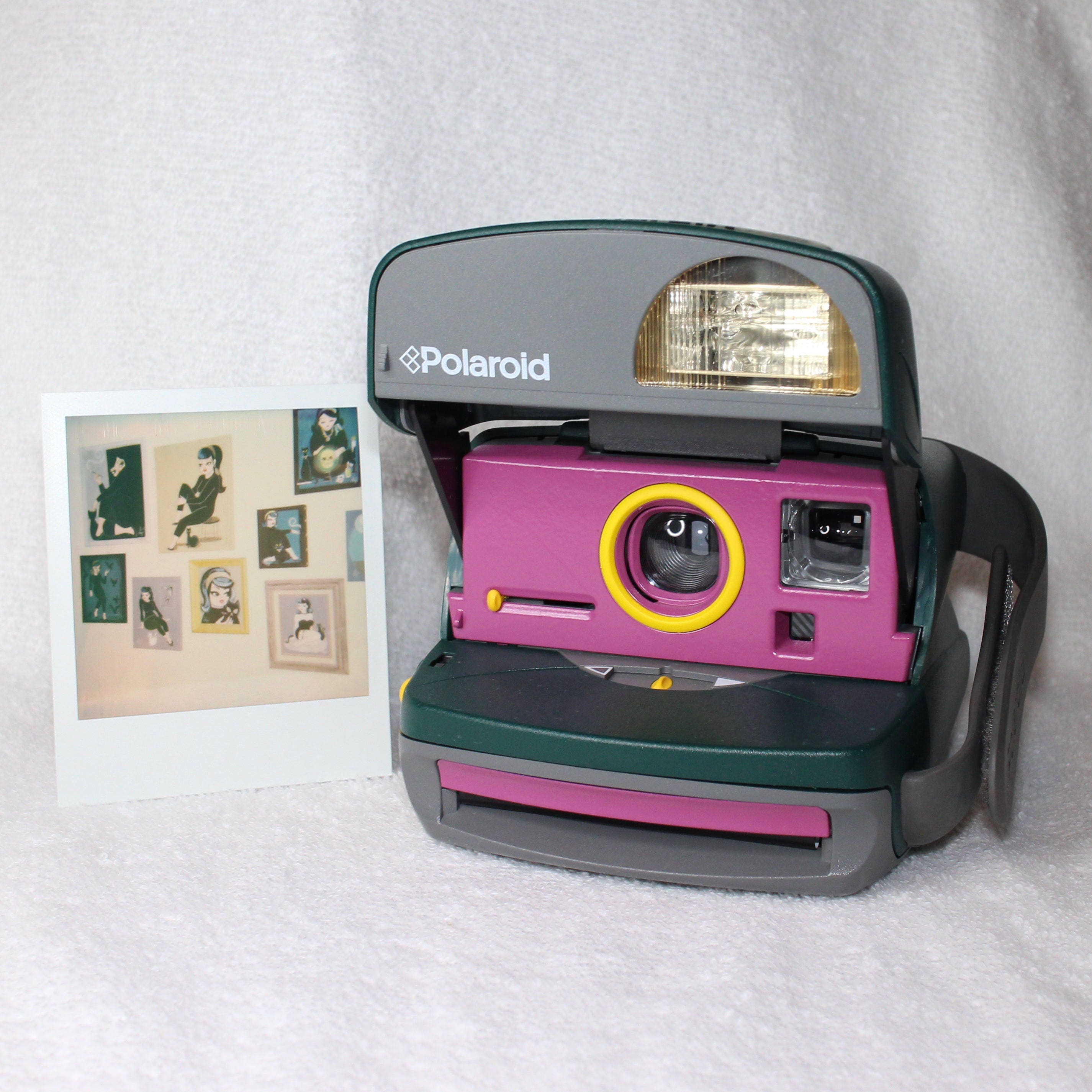 Retro Green Polaroid OneStep Camera With Built In Flash And Close Up Lens  Upcycled with Purple