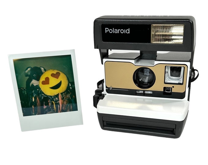 White & Brushed Gold Polaroid 600 OneStep - Refreshed, Cleaned, Tested, and Ready For Fun