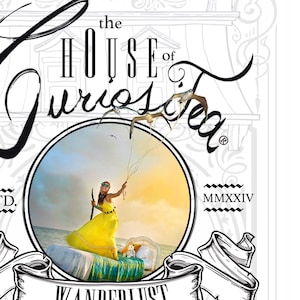 May include: A decorative label for "The House of Curiositea" featuring a woman in a yellow dress on a bed in the ocean. The label includes the words "Wanderlust", "Get Lost", and "Adventurous and Bright". The tea is Green/Black with Passionfruit, Marigold Flower, Vanilla, Apple, Mallow Flower, Orange & Lemon.